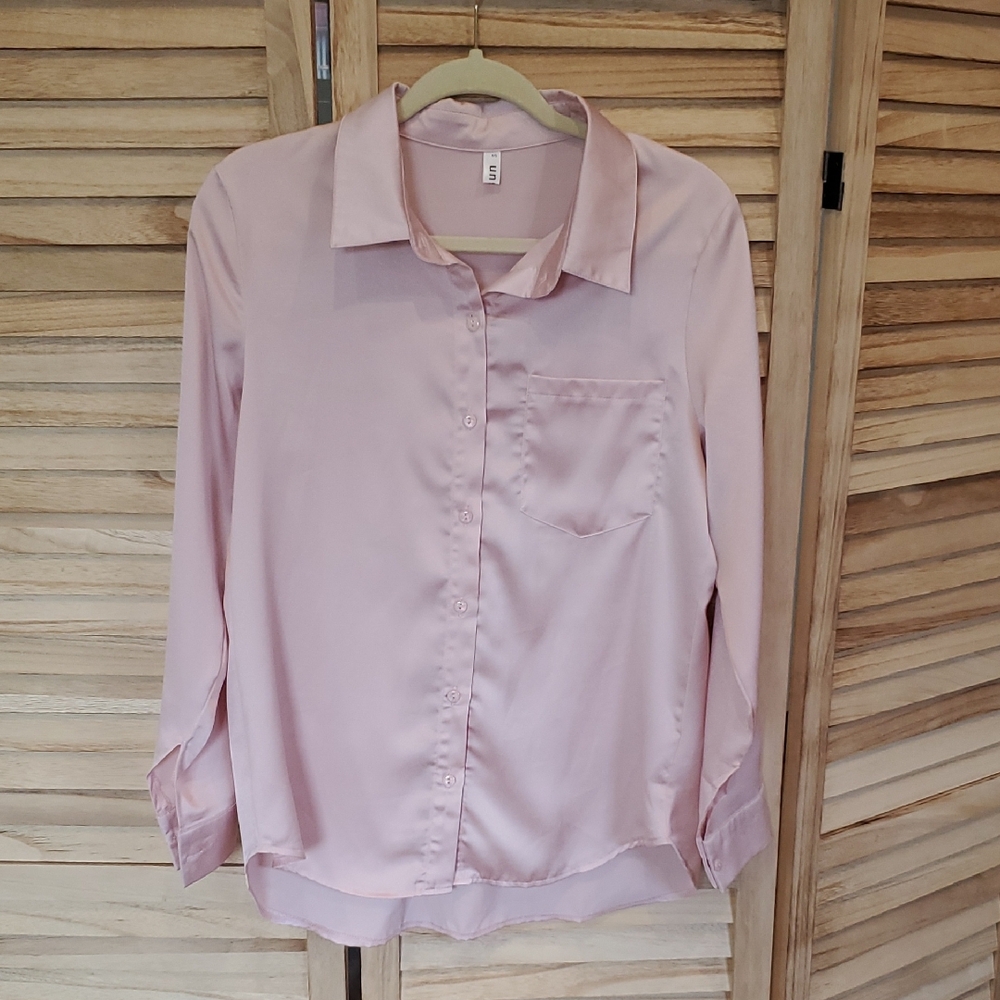 Diosun Women's Powder Pink Satin look Button-Up Blouse Size S